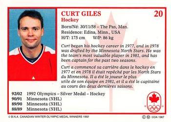1992 BNA Canadian Winter Olympic Medal Winners #20 Curt Giles Back