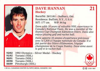 1992 BNA Canadian Winter Olympic Medal Winners #21 Dave Hannan Back