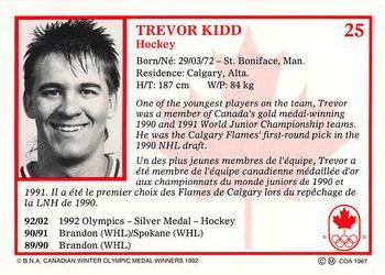 1992 BNA Canadian Winter Olympic Medal Winners #25 Trevor Kidd Back