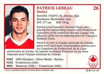 1992 BNA Canadian Winter Olympic Medal Winners #26 Patrick Lebeau Back