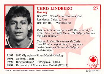 1992 BNA Canadian Winter Olympic Medal Winners #27 Chris Lindberg Back