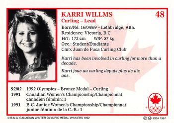 1992 BNA Canadian Winter Olympic Medal Winners #48 Karri Willms Back