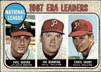 1968 Topps Milton Bradley Win-A-Card #7 National League 1967 ERA Leaders (Phil Niekro / Jim Bunning / Chris Short) Front