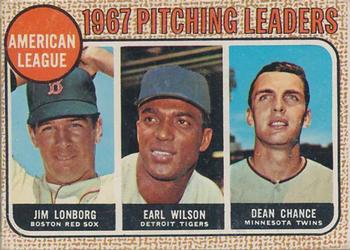 1968 Topps Milton Bradley Win-A-Card #10 American League 1967 Pitching Leaders (Jim Lonborg / Earl Wilson / Dean Chance) Front