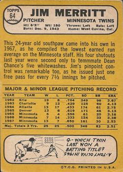1968 Topps Milton Bradley Win-A-Card #64 Jim Merritt Back