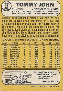 1968 Topps Milton Bradley Win-A-Card #72 Tommy John Back