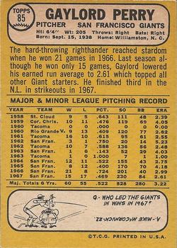 1968 Topps Milton Bradley Win-A-Card #85 Gaylord Perry Back