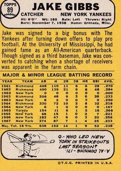 1968 Topps Milton Bradley Win-A-Card #89 Jake Gibbs Back