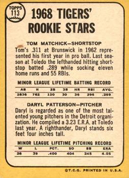 1968 Topps Milton Bradley Win-A-Card #113 Tigers 1968 Rookie Stars (Tom Matchick / Daryl Patterson) Back