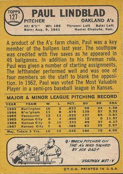 1968 Topps Milton Bradley Win-A-Card #127 Paul Lindblad Back
