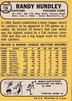 1968 Topps Milton Bradley Win-A-Card #136 Randy Hundley Back