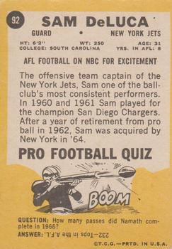 1968 Topps Milton Bradley Win-A-Card #92 Sam DeLuca Back