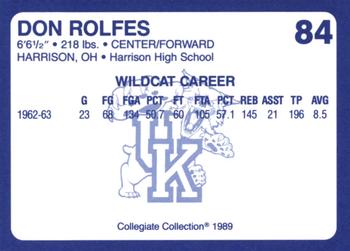 1989-90 Collegiate Collection Kentucky Wildcats #84 Don Rolfes Back