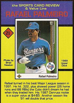 1992 The Sports Card Review & Value Line Prime Pics #21 Rafael Palmeiro Back