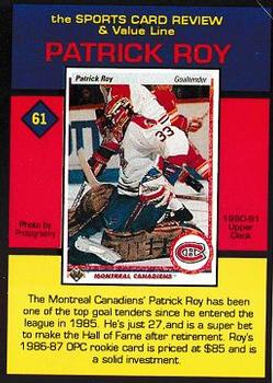 1992 The Sports Card Review & Value Line Prime Pics #61 Patrick Roy Back