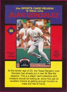 1992 The Sports Card Review & Value Line Prime Pics #65 Juan Gonzalez Back
