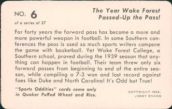 1954 Quaker Oats Sports Oddities #6 Wake Forest College Back