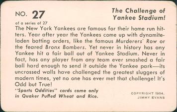 1954 Quaker Oats Sports Oddities #27 Yankee Stadium Back