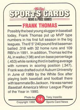 1991 Allan Kaye's Sports Cards News Magazine - Standard-Sized 1992 #14 Frank Thomas Back