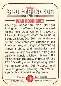1991 Allan Kaye's Sports Cards News Magazine - Standard-Sized 1992 #16 Ivan Rodriguez Back