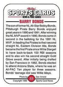 1991 Allan Kaye's Sports Cards News Magazine - Standard-Sized 1992 #33 Barry Bonds Back