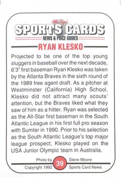 1991 Allan Kaye's Sports Cards News Magazine - Standard-Sized 1992 #39 Ryan Klesko Back
