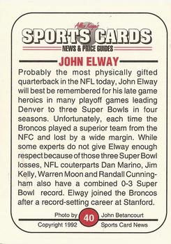 1991 Allan Kaye's Sports Cards News Magazine - Standard-Sized 1992 #40 John Elway Back