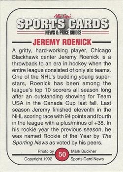 1991 Allan Kaye's Sports Cards News Magazine - Standard-Sized 1992 #50 Jeremy Roenick Back