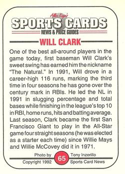 1991 Allan Kaye's Sports Cards News Magazine - Standard-Sized 1992 #65 Will Clark Back