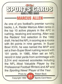 1991 Allan Kaye's Sports Cards News Magazine - Standard-Sized 1992 #81 Marcus Allen Back