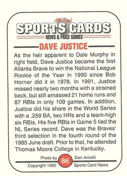 1991 Allan Kaye's Sports Cards News Magazine - Standard-Sized 1992 #86 Dave Justice Back