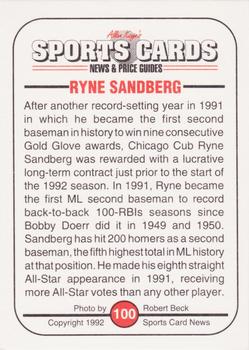 1991 Allan Kaye's Sports Cards News Magazine - Standard-Sized 1992 #100 Ryne Sandberg Back