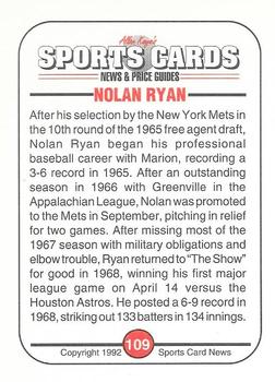 1991 Allan Kaye's Sports Cards News Magazine - Standard-Sized 1992 #109 Nolan Ryan Back
