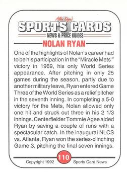 1991 Allan Kaye's Sports Cards News Magazine - Standard-Sized 1992 #110 Nolan Ryan Back