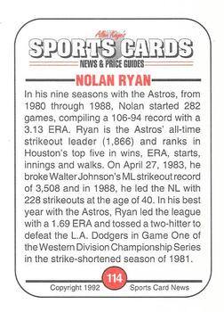 1991 Allan Kaye's Sports Cards News Magazine - Standard-Sized 1992 #114 Nolan Ryan Back