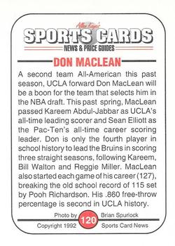 1991 Allan Kaye's Sports Cards News Magazine - Standard-Sized 1992 #120 Don MacLean Back
