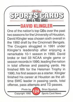 1991 Allan Kaye's Sports Cards News Magazine - Standard-Sized 1992 #124 David Klingler Back