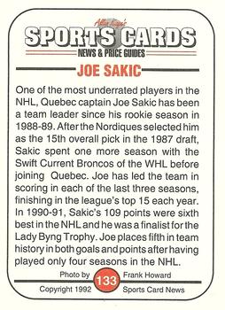 1991 Allan Kaye's Sports Cards News Magazine - Standard-Sized 1992 #133 Joe Sakic Back
