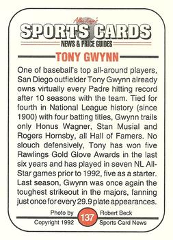 1991 Allan Kaye's Sports Cards News Magazine - Standard-Sized 1992 #137 Tony Gwynn Back