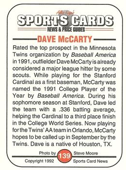 1991 Allan Kaye's Sports Cards News Magazine - Standard-Sized 1992 #139 Dave McCarty Back