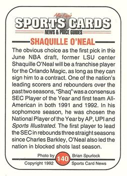 1991 Allan Kaye's Sports Cards News Magazine - Standard-Sized 1992 #140 Shaquille O'Neal Back