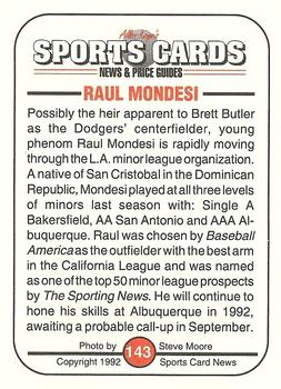 1991 Allan Kaye's Sports Cards News Magazine - Standard-Sized 1992 #143 Raul Mondesi Back
