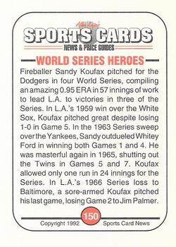 1991 Allan Kaye's Sports Cards News Magazine - Standard-Sized 1992 #150 Sandy Koufax Back