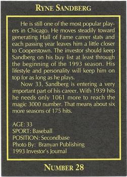 1993 The Investor's Journal - Red #28 Ryne Sandberg Back