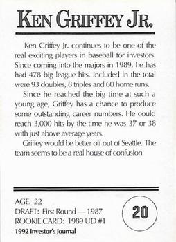 1992 Investor's Journal #20 Ken Griffey Jr. Back