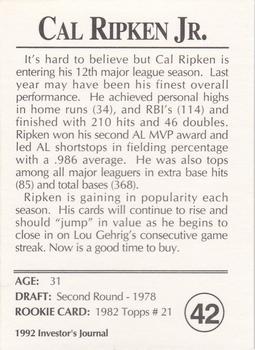 1992 Investor's Journal #42 Cal Ripken Jr. Back