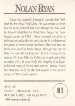 1992 Investor's Journal #81 Nolan Ryan Back