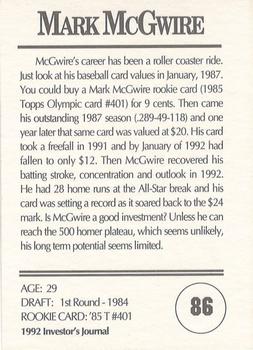1992 Investor's Journal #86 Mark McGwire Back