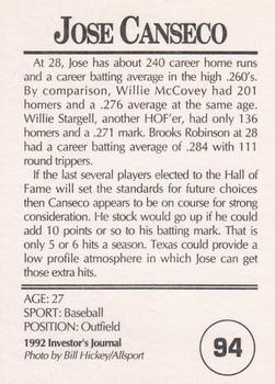 1992 Investor's Journal #94 Jose Canseco Back