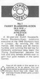 1988 Brooke Bond Olympic Greats #1 Fanny Blankers-Koen Back